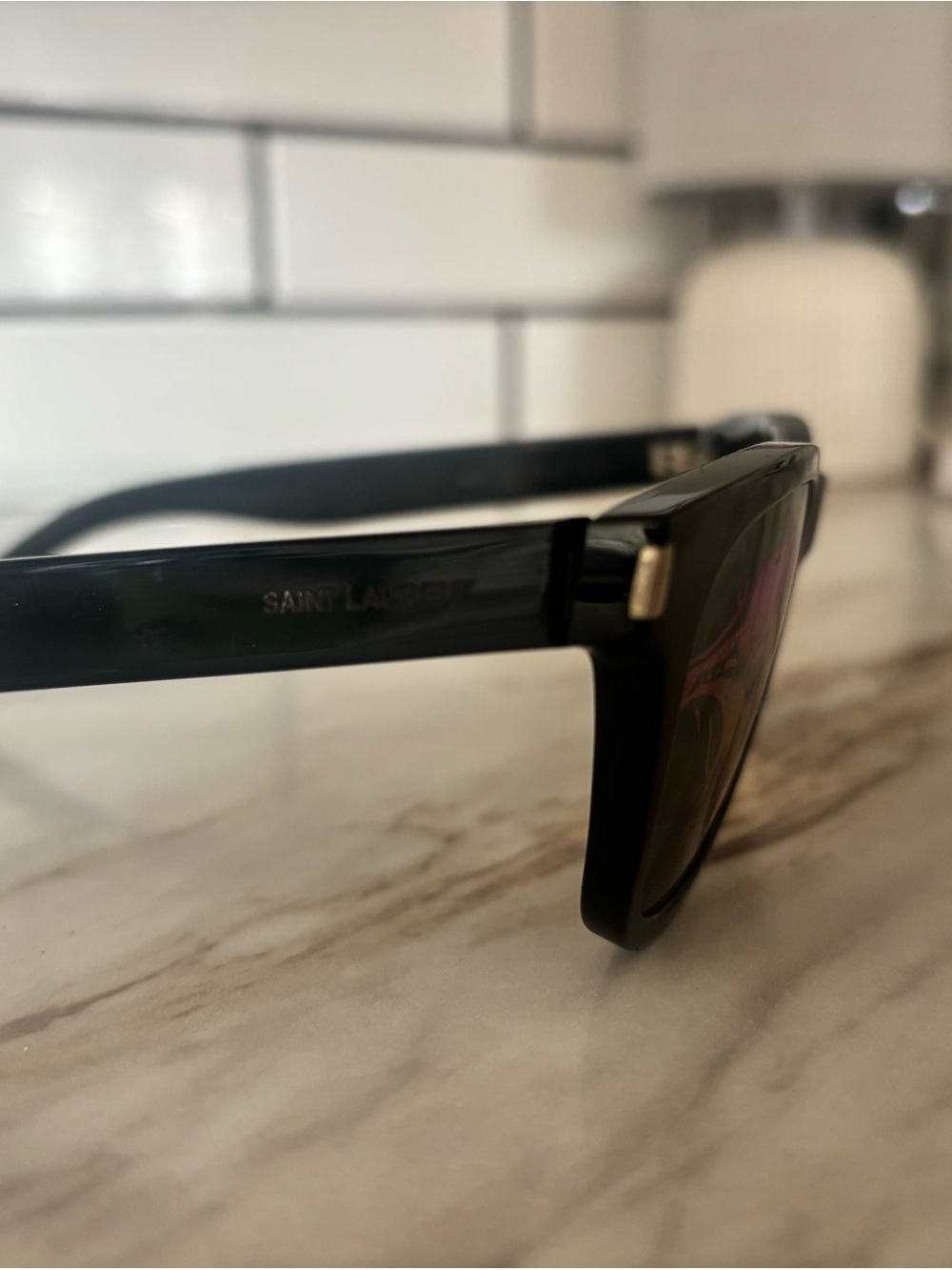 Saint Laurent Black Frame Sunglasses with Purple Mirrored Lenses - Picture 5 of 12